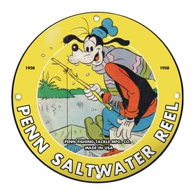 1958 Penn Saltwater Reel Porcelain Sign Featuring Goofy Fishing Adventure
