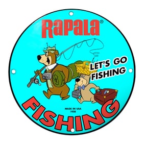 Colorful Rapala Fishing Sign Featuring Cartoon Bears and Bold Typography