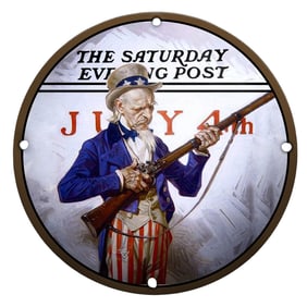 Uncle Sam with Rifle: Patriotic July 4th Porcelain Sign from The Saturday Evening Post