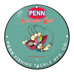 Charming Penn Saltwater Reel Porcelain Sign Featuring Animated Ducks and Fisherman
