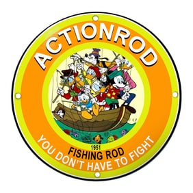 Vintage Actionrod Fishing Rod Sign Featuring Iconic Cartoon Characters