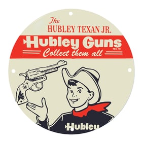Hubley Texan Jr. Porcelain Sign Featuring Playful Cowboy Imagery and Advertising Appeal
