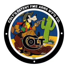Whimsical Colt's Patent Fire Arms Mfg Co Sign Featuring Playful Cartoon Cowboy