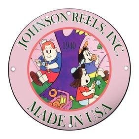 Charming Retro Johnson Reels Sign Featuring Playful Kids and Nature Theme