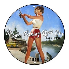 Vintage Magic Fishing Reel Co. Porcelain Sign with Adventurous Angler Design