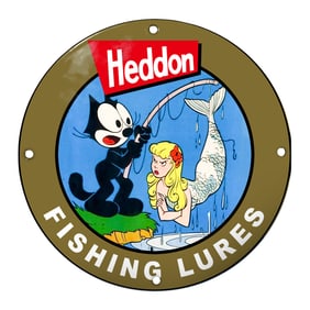 Charming Heddon Fishing Lures Porcelain Sign with Animated Characters