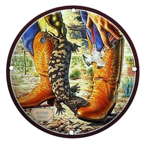 Nocona Boots Unique Porcelain Sign Featuring Cowboy Boots and Lizard Design