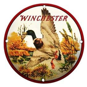 Stunning Winchester Duck Hunting Porcelain Sign with Vibrant Nature Imagery
