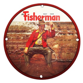 Vintage Porcelain Sign ? The Fisherman May 1955 Illustrated Artwork