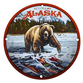 Ketchikan, Alaska: Majestic Bear and Salmon Porcelain Sign Artwork