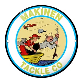 Charming Porcelain Sign: Makinen Tackle Co. - A Comic Fishing Adventure (1943)