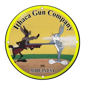 Whimsical Ithaca Gun Company Porcelain Sign Featuring Classic Cartoon Characters