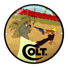 Vibrant Colt Porcelain Sign Featuring Animated Characters and Bold Branding