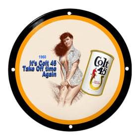 Striking Colt 45 Porcelain Sign Featuring 1960s Iconic Artwork and Vintage Appeal