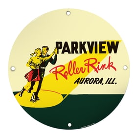 Catch the Groove: Parkview Roller Rink Porcelain Sign from Aurora, IL