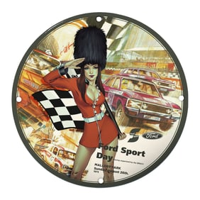 Vibrant Porcelain Sign Celebrating Ford Sport Day with Iconic Racing Imagery