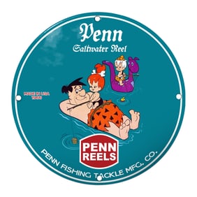 Vintage Penn Saltwater Reel Porcelain Sign Featuring Iconic Stone Age Characters