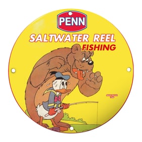 Penn Saltwater Reel Fishing Porcelain Sign Featuring Donald Duck and Bear