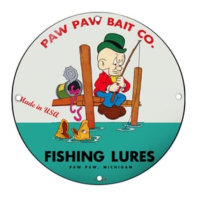 Whimsical Paw Paw Bait Co. Fishing Lures Porcelain Sign with Cartoon Fisherman
