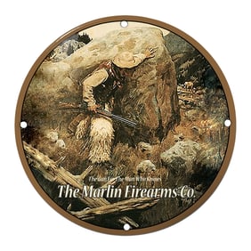Rustic Marlin Firearms Co. Porcelain Sign Featuring Hunter in Wilderness