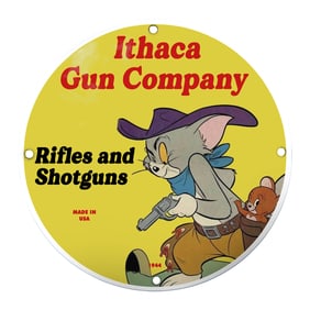 Ithaca Gun Company Porcelain Sign Featuring Animated Characters, 1944