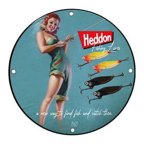 Heddon Fishing Lures Sign: Retro Delight with 1960s Fishing Charm
