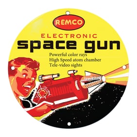 Vivid REMCO Electronic Space Gun Porcelain Sign with Retro Design and Bold Graphics