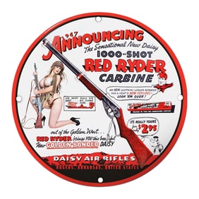 1947 Daisy Red Ryder Carbine Porcelain Sign - Announcing the Sensational 1000-Shot Rifle