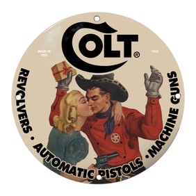 Colt Firearms Classic Porcelain Sign with Cowboy and Glamorous Lady - 1955