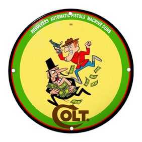 Vibrant Colt Porcelain Sign Featuring Iconic Cartoon Characters - 1958