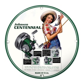 Vibrant Johnson Centennial Porcelain Sign Featuring Fishing Iconography and Instructions