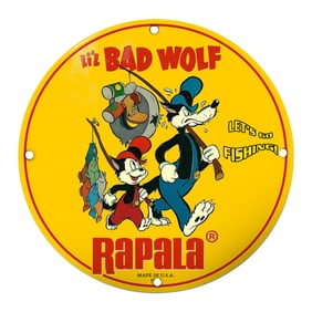 Rapala Porcelain Fishing Sign Featuring Liz Bad Wolf: Vivid Colors & Playful Imagery