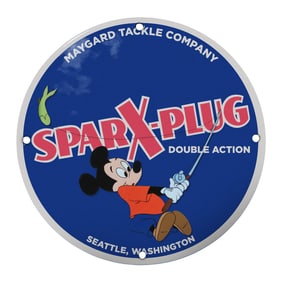 Vibrant Porcelain Sign for Spar-X-Plug Fishing Lure - Retro Mickey Mouse Design