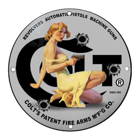 Striking Colt Firearms Porcelain Sign Featuring Elegant Pin-Up Art