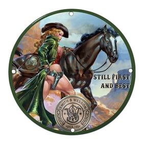 Vivid Porcelain Sign Featuring Smith & Wesson: Iconic Imagery and Bold Colors