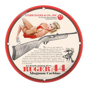 Sturm Ruger & Co. Inc. Ruger 44 Magnum Carbine Sign with Bold Graphics and Vintage Appeal