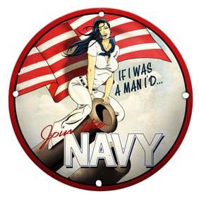 Vintage Porcelain Sign: Join the Navy with Striking Graphics and Bold Colors