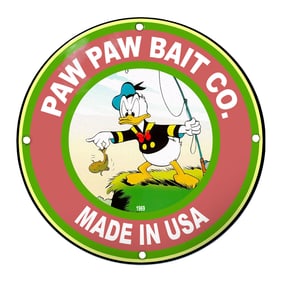 Paw Paw Bait Company Porcelain Fishing Sign Featuring Donald Duck