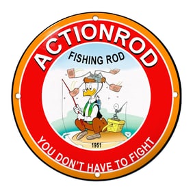 Vintage Actionrod Fishing Sign Featuring Cartoon Fisherman - Perfect for Rustic Decor