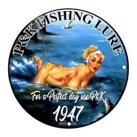 Vibrant P&K Fishing Lure Porcelain Sign Featuring Nautical Beauty