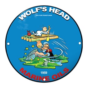 Vintage Wolf's Head Marine Oils Sign Featuring Cartoon Adventure - 1959