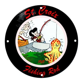 St. Croix Fishing Rod Porcelain Sign with Whimsical Cartoon Scene