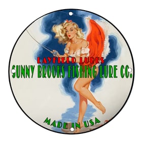 Captivating Vintage Porcelain Sign for Sunny Brooks Fishing Lure Co. Featuring Layfield Lures