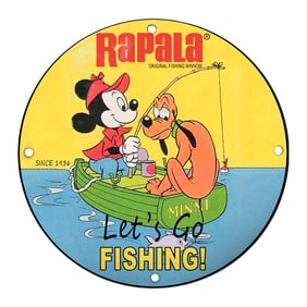 Playful Porcelain Sign Featuring Mickey Mouse and Pluto: Let's Go Fishing!