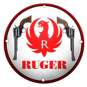 Striking Ruger Porcelain Sign with Iconic Firearms and Emblematic Design