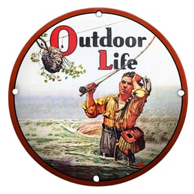 Vibrant Outdoor Life Porcelain Sign Featuring a Fisherman in Nature
