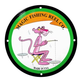 Vintage Magic Fishing Reel Co. Porcelain Sign Featuring Playful Pink Panther Design