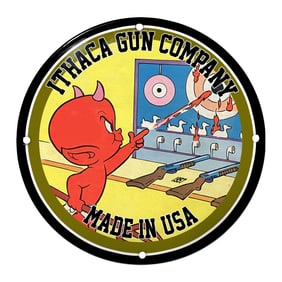 Ithaca Gun Company Porcelain Sign: Playful Devil Motif with Target Imagery