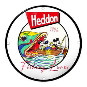 Heddon Fishing Lures Porcelain Sign Featuring Mickey and Friends, 1946 Design