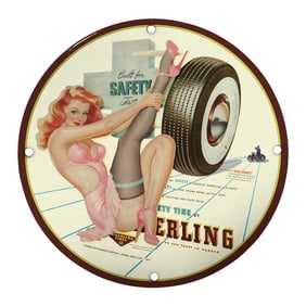 Vintage Porcelain Sign: Sterling Tire Safety with Alluring Pin-Up Art